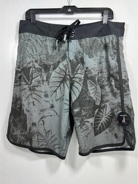 Hinano Tahiti Board Shorts Men’s 33 Black Green Floral Swim Trunks Surf Hawaii